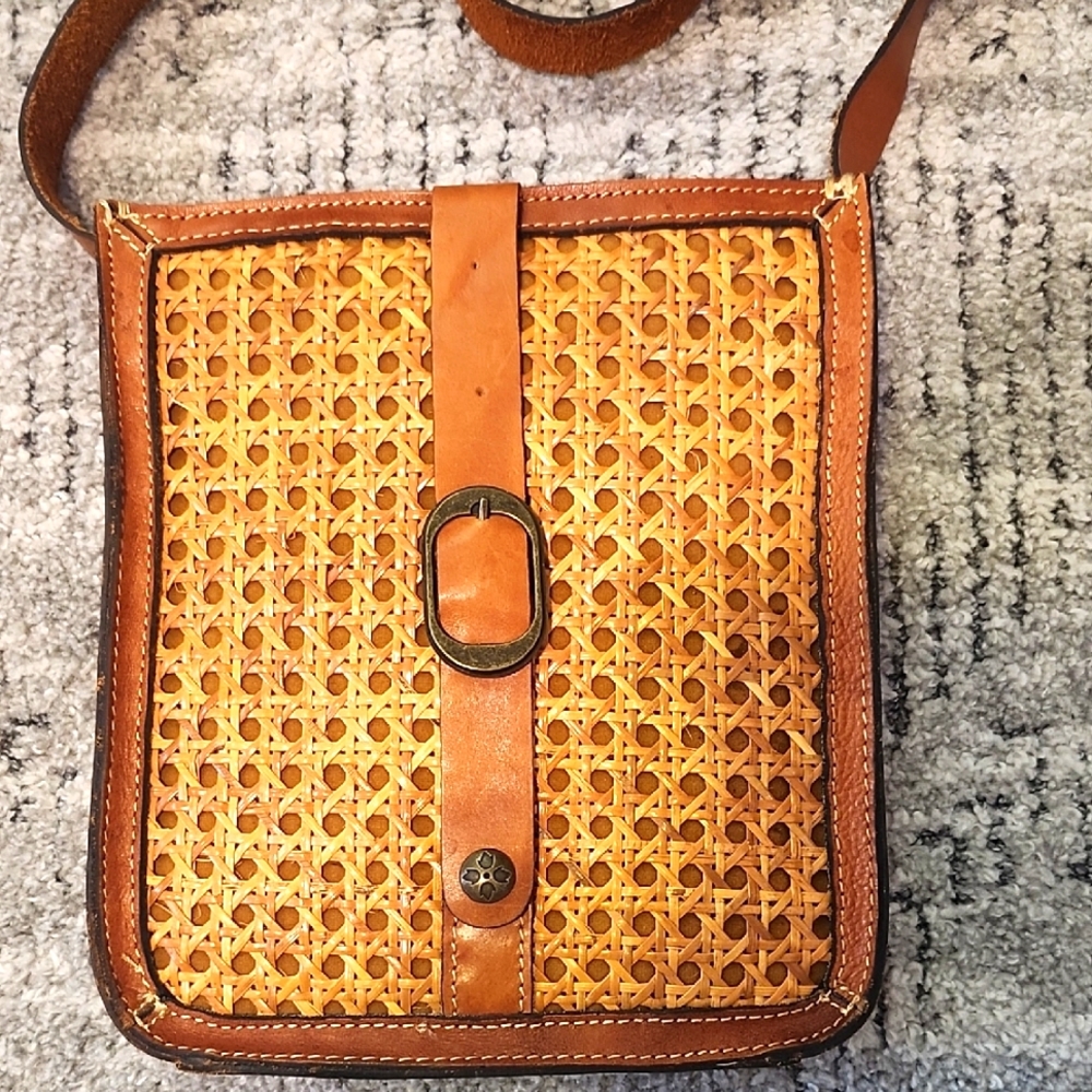 Patricia Nash Brown Leather With Rattan Accent Weave Crossbody Bag
